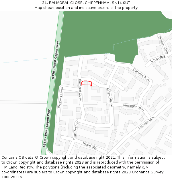 34, BALMORAL CLOSE, CHIPPENHAM, SN14 0UT: Location map and indicative extent of plot