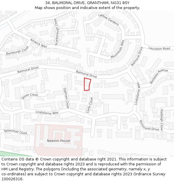 34, BALMORAL DRIVE, GRANTHAM, NG31 8SY: Location map and indicative extent of plot