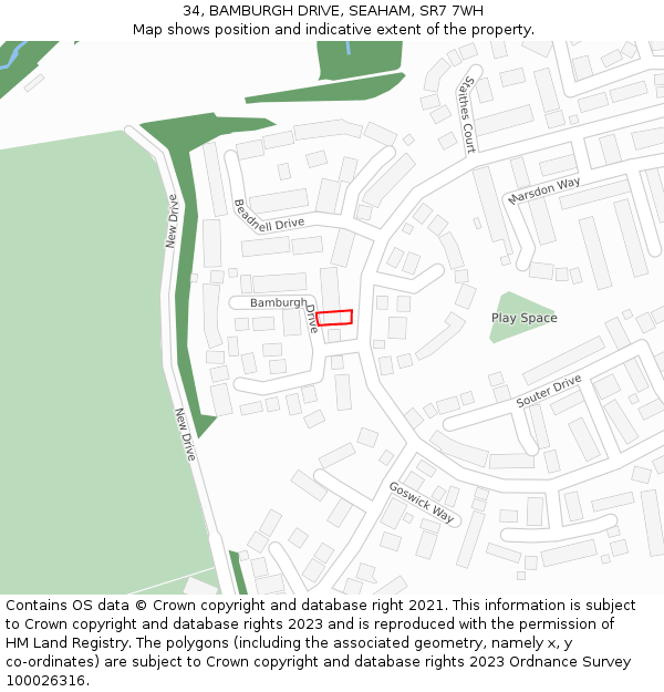 34, BAMBURGH DRIVE, SEAHAM, SR7 7WH: Location map and indicative extent of plot