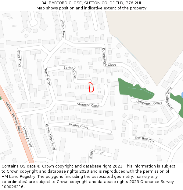34, BARFORD CLOSE, SUTTON COLDFIELD, B76 2UL: Location map and indicative extent of plot