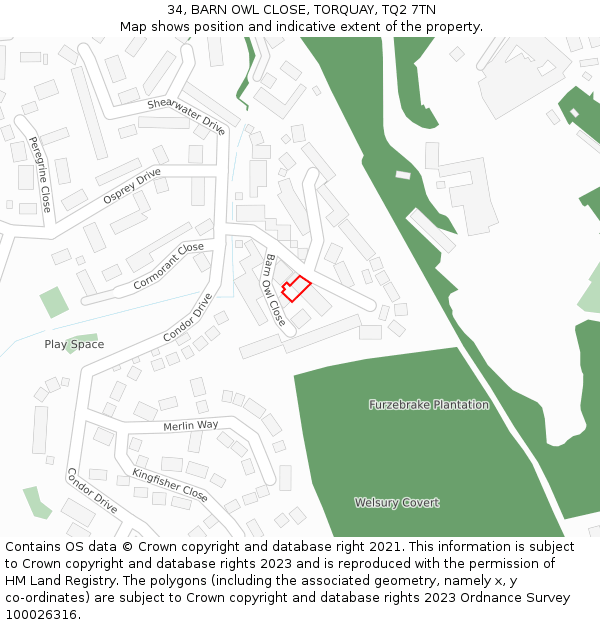 34, BARN OWL CLOSE, TORQUAY, TQ2 7TN: Location map and indicative extent of plot