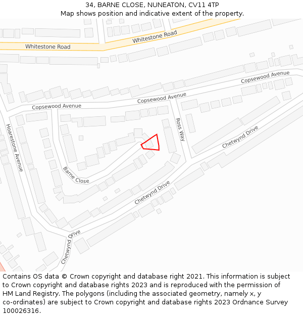 34, BARNE CLOSE, NUNEATON, CV11 4TP: Location map and indicative extent of plot