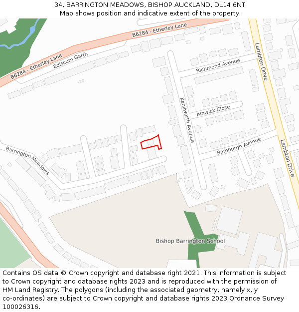 34, BARRINGTON MEADOWS, BISHOP AUCKLAND, DL14 6NT: Location map and indicative extent of plot