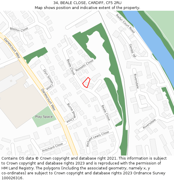34, BEALE CLOSE, CARDIFF, CF5 2RU: Location map and indicative extent of plot