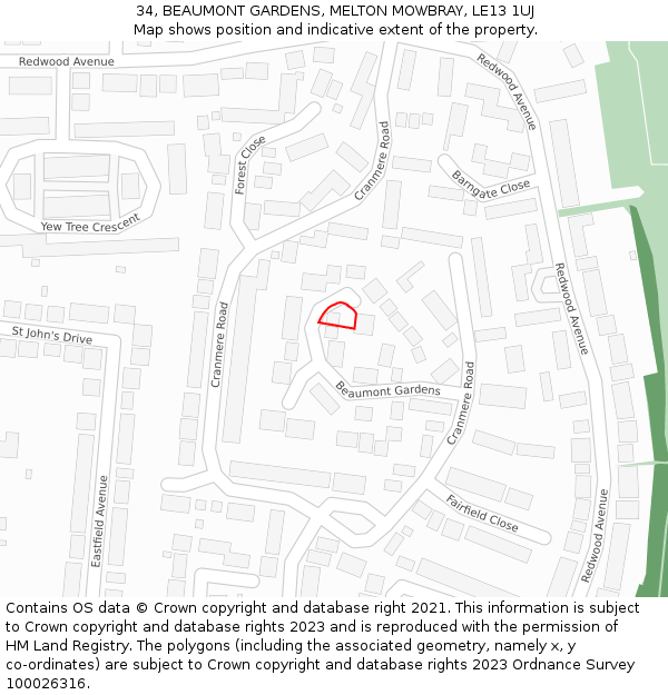 34, BEAUMONT GARDENS, MELTON MOWBRAY, LE13 1UJ: Location map and indicative extent of plot