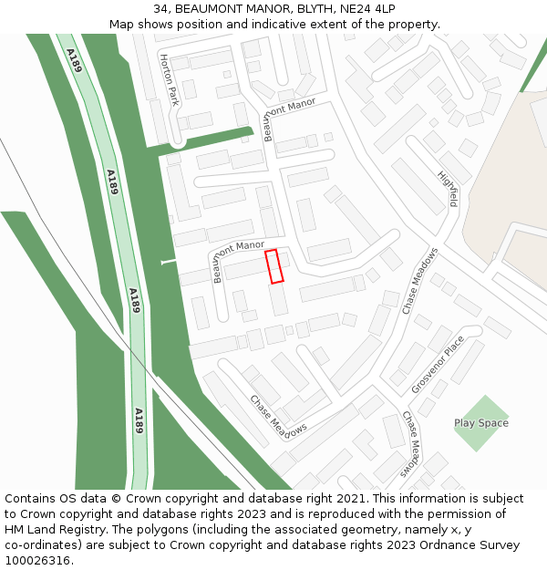 34, BEAUMONT MANOR, BLYTH, NE24 4LP: Location map and indicative extent of plot
