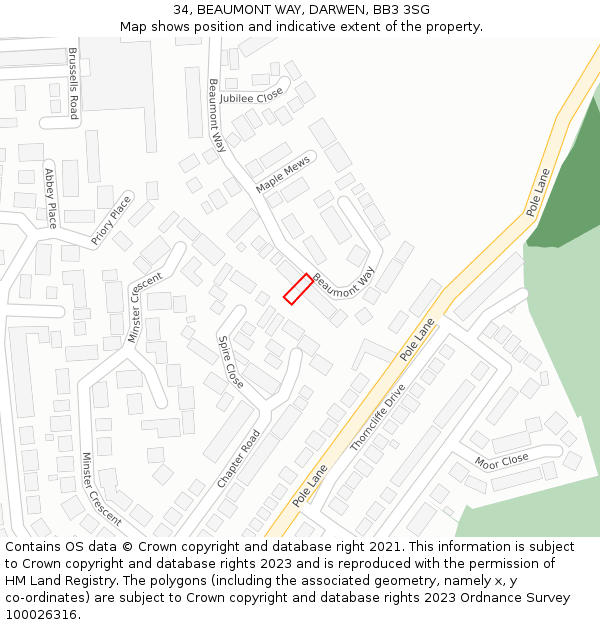 34, BEAUMONT WAY, DARWEN, BB3 3SG: Location map and indicative extent of plot