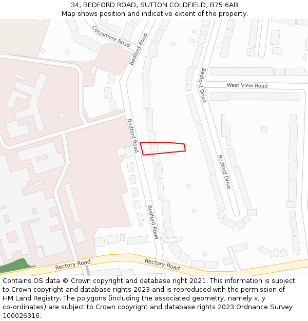 34, BEDFORD ROAD, SUTTON COLDFIELD, B75 6AB: Location map and indicative extent of plot