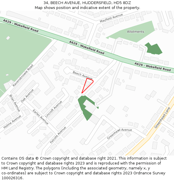 34, BEECH AVENUE, HUDDERSFIELD, HD5 8DZ: Location map and indicative extent of plot