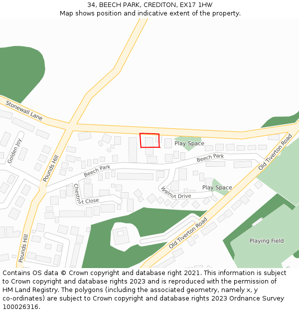 34, BEECH PARK, CREDITON, EX17 1HW: Location map and indicative extent of plot