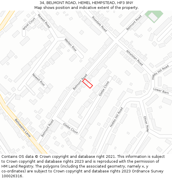 34, BELMONT ROAD, HEMEL HEMPSTEAD, HP3 9NY: Location map and indicative extent of plot