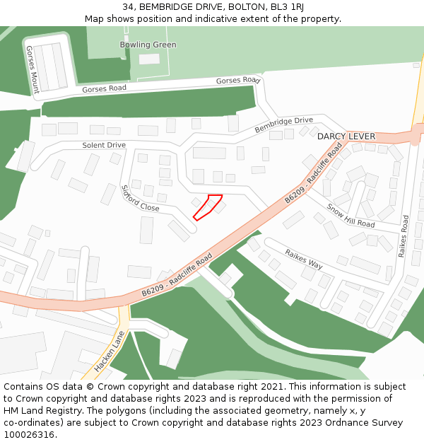 34, BEMBRIDGE DRIVE, BOLTON, BL3 1RJ: Location map and indicative extent of plot