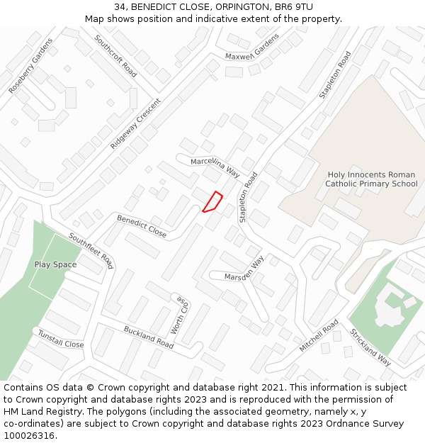 34, BENEDICT CLOSE, ORPINGTON, BR6 9TU: Location map and indicative extent of plot