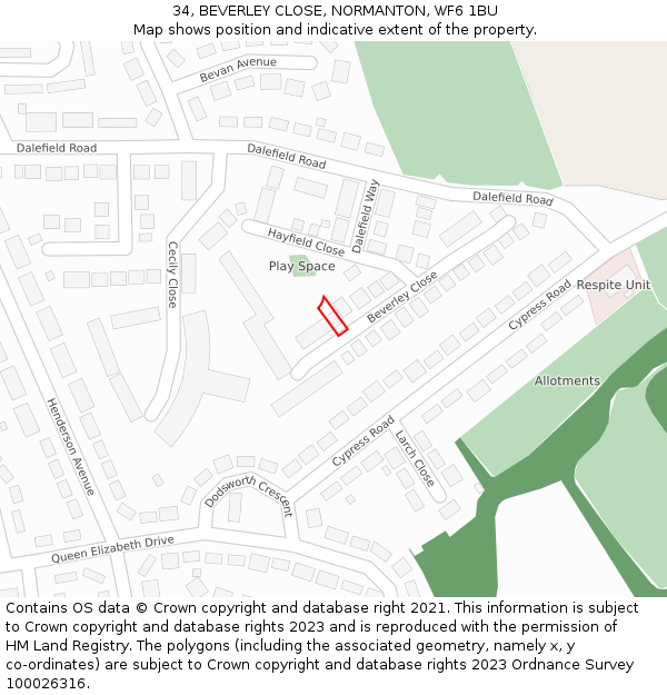 34, BEVERLEY CLOSE, NORMANTON, WF6 1BU: Location map and indicative extent of plot