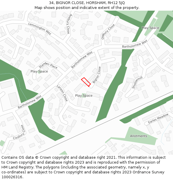 34, BIGNOR CLOSE, HORSHAM, RH12 5JQ: Location map and indicative extent of plot