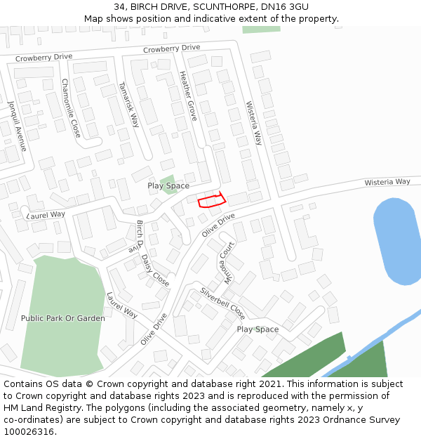 34, BIRCH DRIVE, SCUNTHORPE, DN16 3GU: Location map and indicative extent of plot