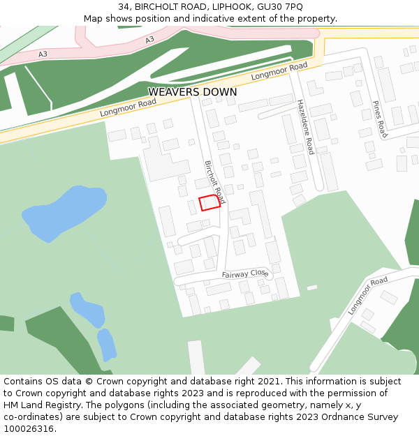 34, BIRCHOLT ROAD, LIPHOOK, GU30 7PQ: Location map and indicative extent of plot