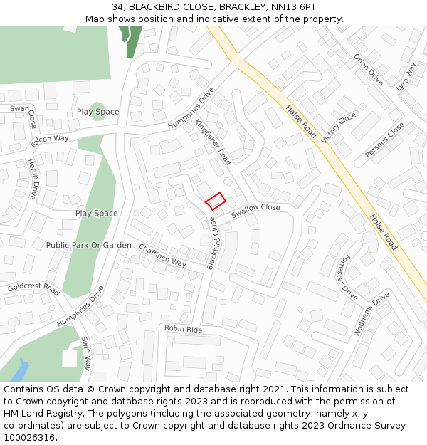 34, BLACKBIRD CLOSE, BRACKLEY, NN13 6PT: Location map and indicative extent of plot