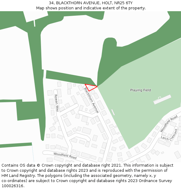 34, BLACKTHORN AVENUE, HOLT, NR25 6TY: Location map and indicative extent of plot