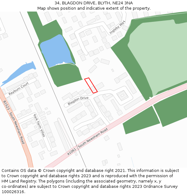 34, BLAGDON DRIVE, BLYTH, NE24 3NA: Location map and indicative extent of plot