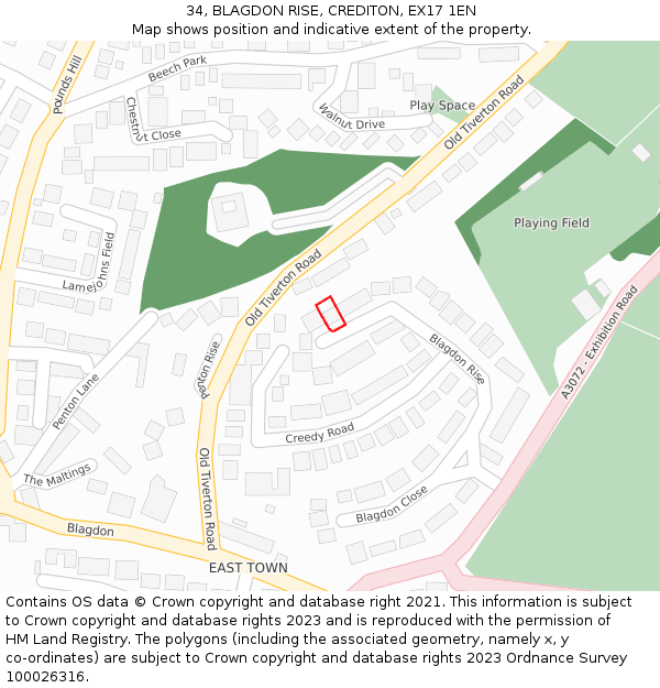 34, BLAGDON RISE, CREDITON, EX17 1EN: Location map and indicative extent of plot