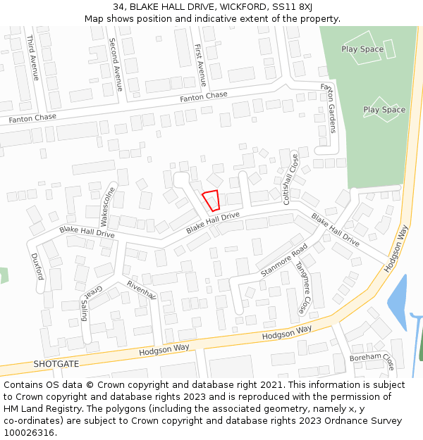34, BLAKE HALL DRIVE, WICKFORD, SS11 8XJ: Location map and indicative extent of plot