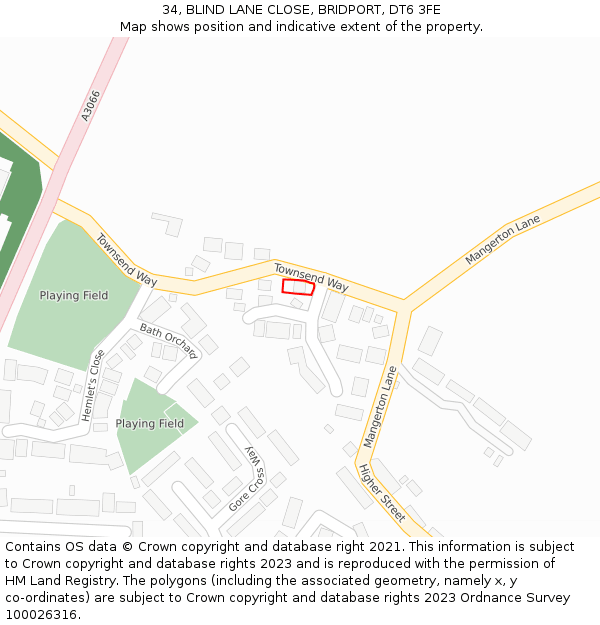 34, BLIND LANE CLOSE, BRIDPORT, DT6 3FE: Location map and indicative extent of plot