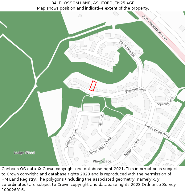 34, BLOSSOM LANE, ASHFORD, TN25 4GE: Location map and indicative extent of plot