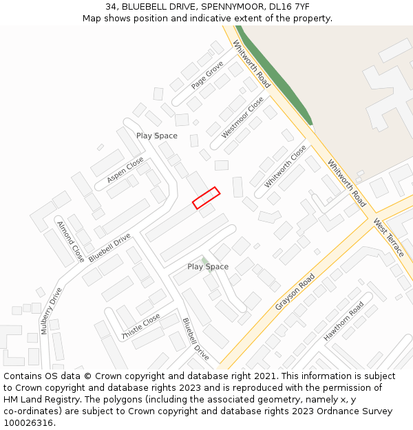 34, BLUEBELL DRIVE, SPENNYMOOR, DL16 7YF: Location map and indicative extent of plot