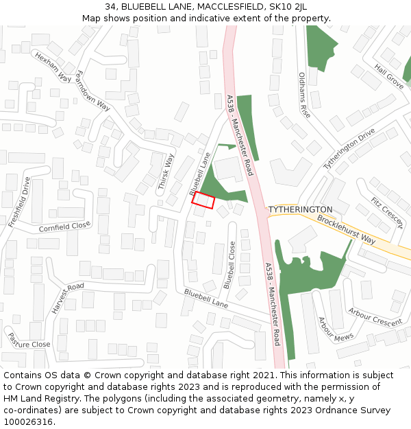 34, BLUEBELL LANE, MACCLESFIELD, SK10 2JL: Location map and indicative extent of plot