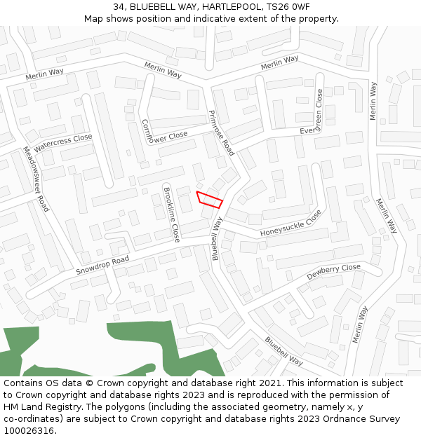 34, BLUEBELL WAY, HARTLEPOOL, TS26 0WF: Location map and indicative extent of plot