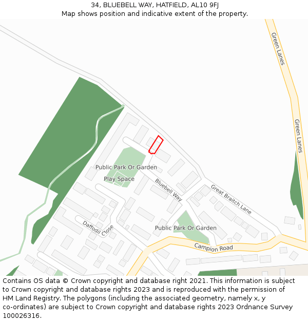 34, BLUEBELL WAY, HATFIELD, AL10 9FJ: Location map and indicative extent of plot