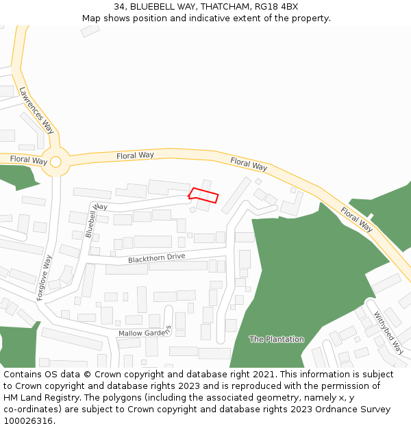 34, BLUEBELL WAY, THATCHAM, RG18 4BX: Location map and indicative extent of plot