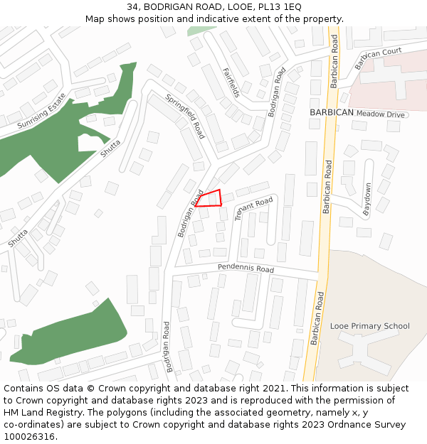 34, BODRIGAN ROAD, LOOE, PL13 1EQ: Location map and indicative extent of plot