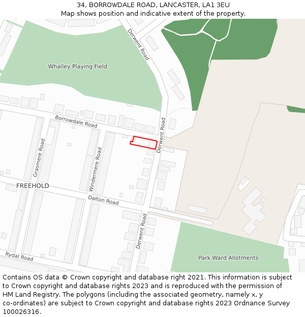 34, BORROWDALE ROAD, LANCASTER, LA1 3EU: Location map and indicative extent of plot