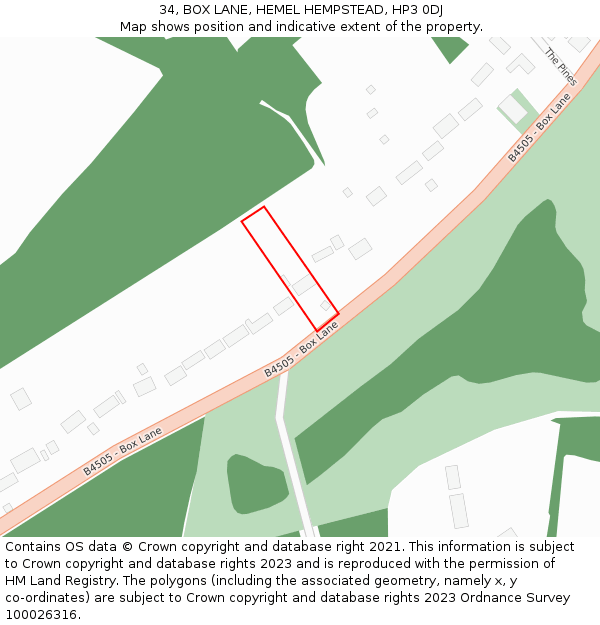 34, BOX LANE, HEMEL HEMPSTEAD, HP3 0DJ: Location map and indicative extent of plot