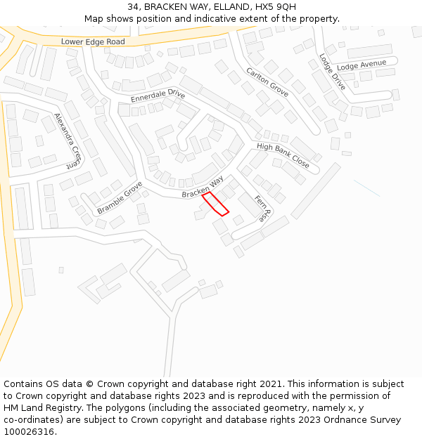 34, BRACKEN WAY, ELLAND, HX5 9QH: Location map and indicative extent of plot