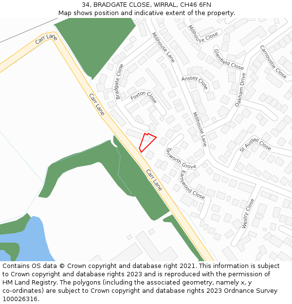 34, BRADGATE CLOSE, WIRRAL, CH46 6FN: Location map and indicative extent of plot