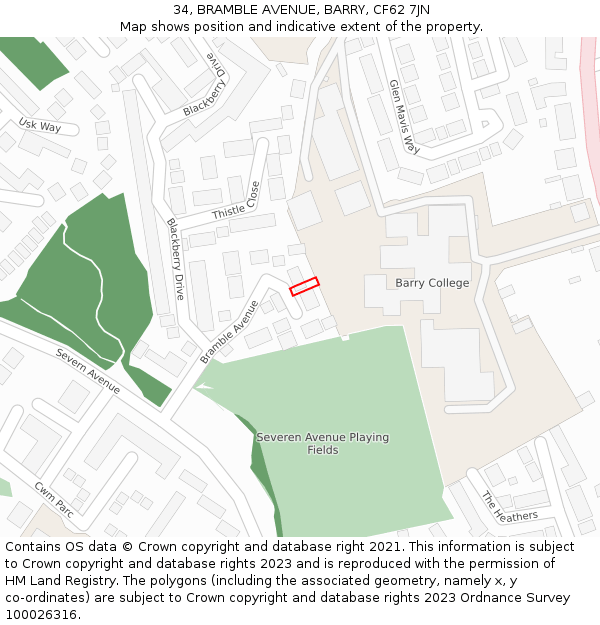 34, BRAMBLE AVENUE, BARRY, CF62 7JN: Location map and indicative extent of plot