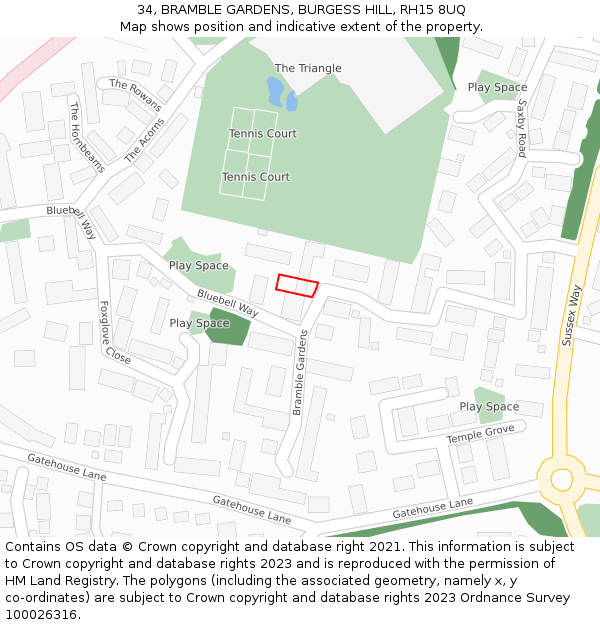 34, BRAMBLE GARDENS, BURGESS HILL, RH15 8UQ: Location map and indicative extent of plot