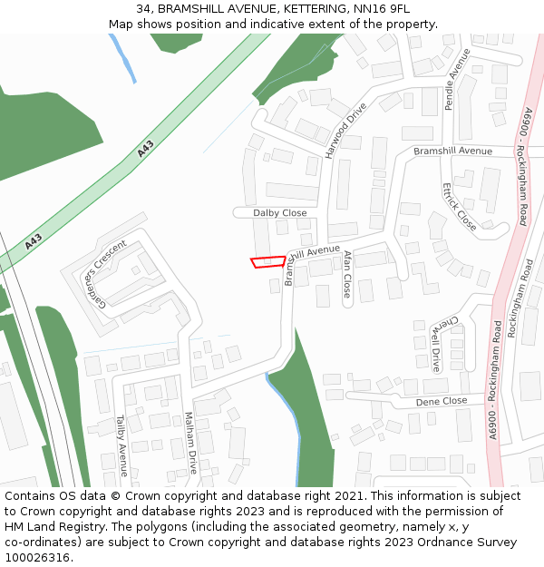 34, BRAMSHILL AVENUE, KETTERING, NN16 9FL: Location map and indicative extent of plot