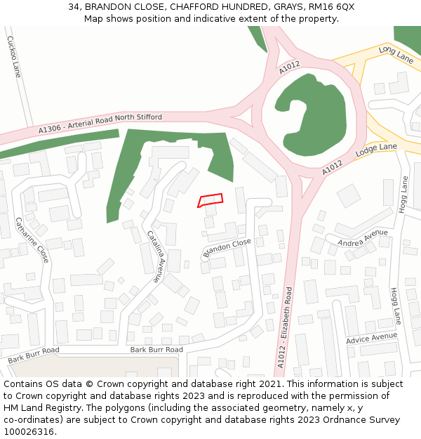 34, BRANDON CLOSE, CHAFFORD HUNDRED, GRAYS, RM16 6QX: Location map and indicative extent of plot