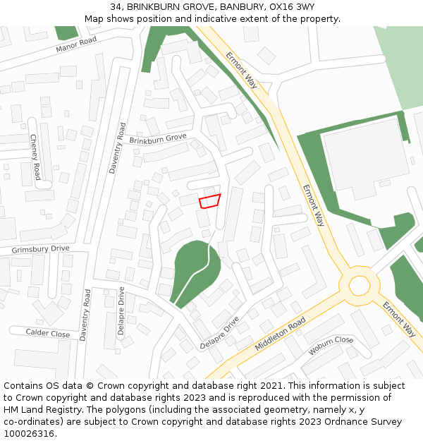 34, BRINKBURN GROVE, BANBURY, OX16 3WY: Location map and indicative extent of plot