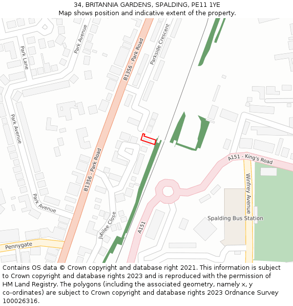 34, BRITANNIA GARDENS, SPALDING, PE11 1YE: Location map and indicative extent of plot