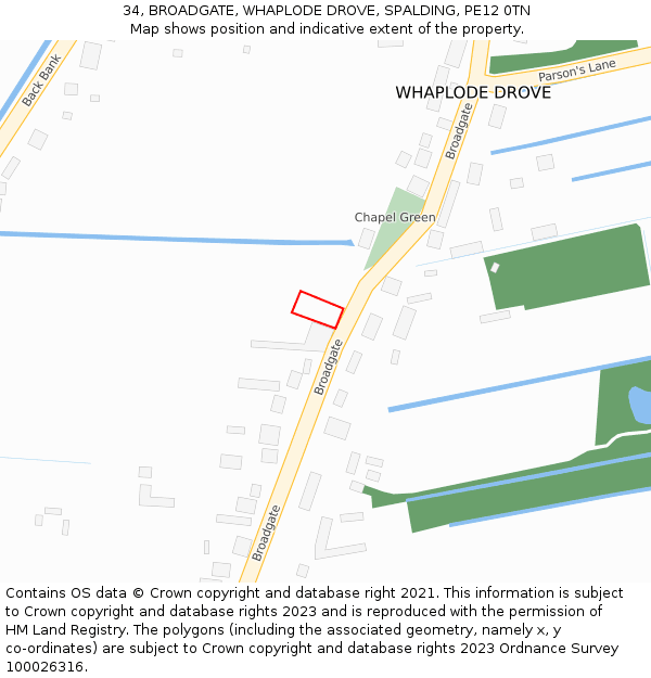 34, BROADGATE, WHAPLODE DROVE, SPALDING, PE12 0TN: Location map and indicative extent of plot
