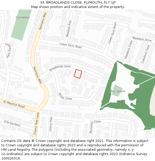 34, BROADLANDS CLOSE, PLYMOUTH, PL7 1JP: Location map and indicative extent of plot