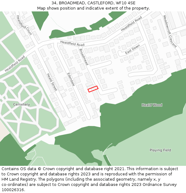 34, BROADMEAD, CASTLEFORD, WF10 4SE: Location map and indicative extent of plot