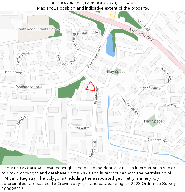 34, BROADMEAD, FARNBOROUGH, GU14 0RJ: Location map and indicative extent of plot