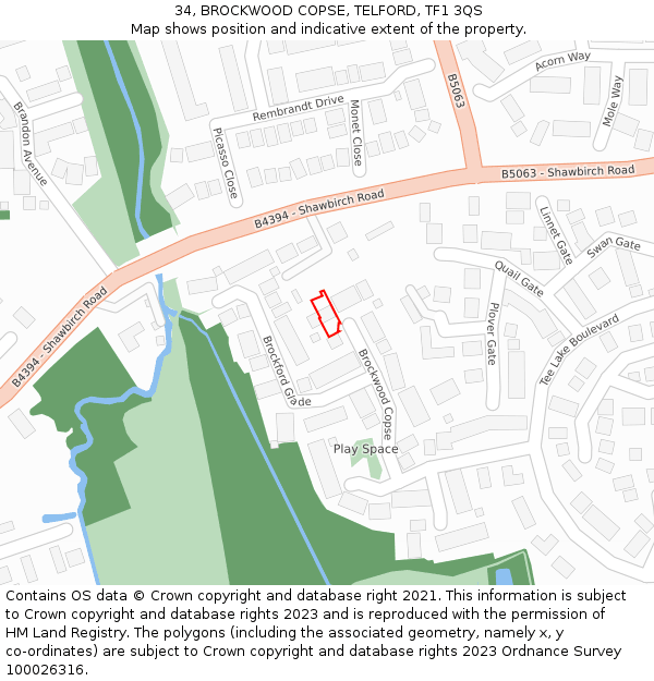 34, BROCKWOOD COPSE, TELFORD, TF1 3QS: Location map and indicative extent of plot