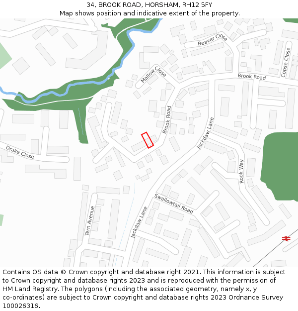 34, BROOK ROAD, HORSHAM, RH12 5FY: Location map and indicative extent of plot